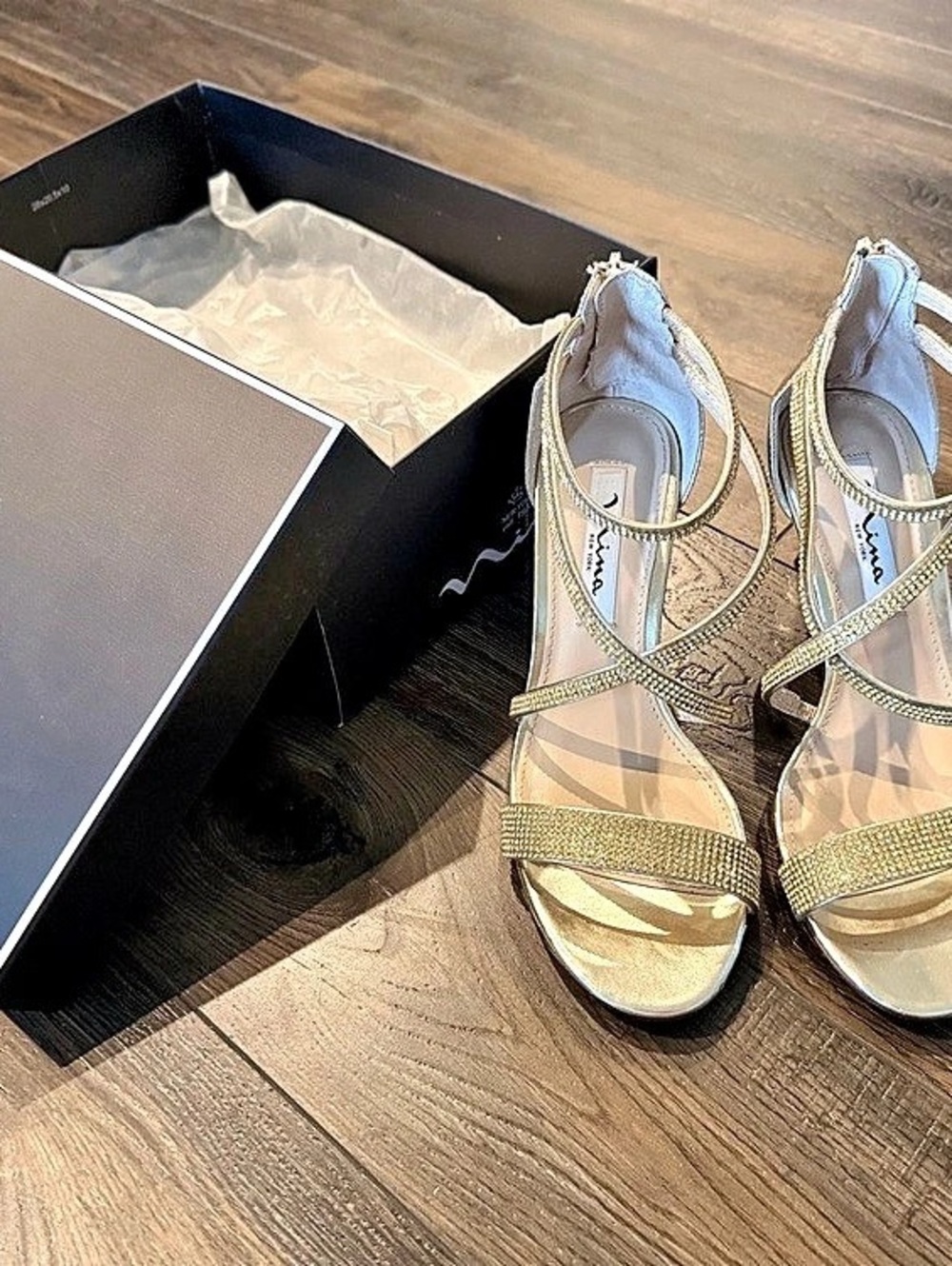 Nina Rhinestone Strappy Heels Gold US 6M